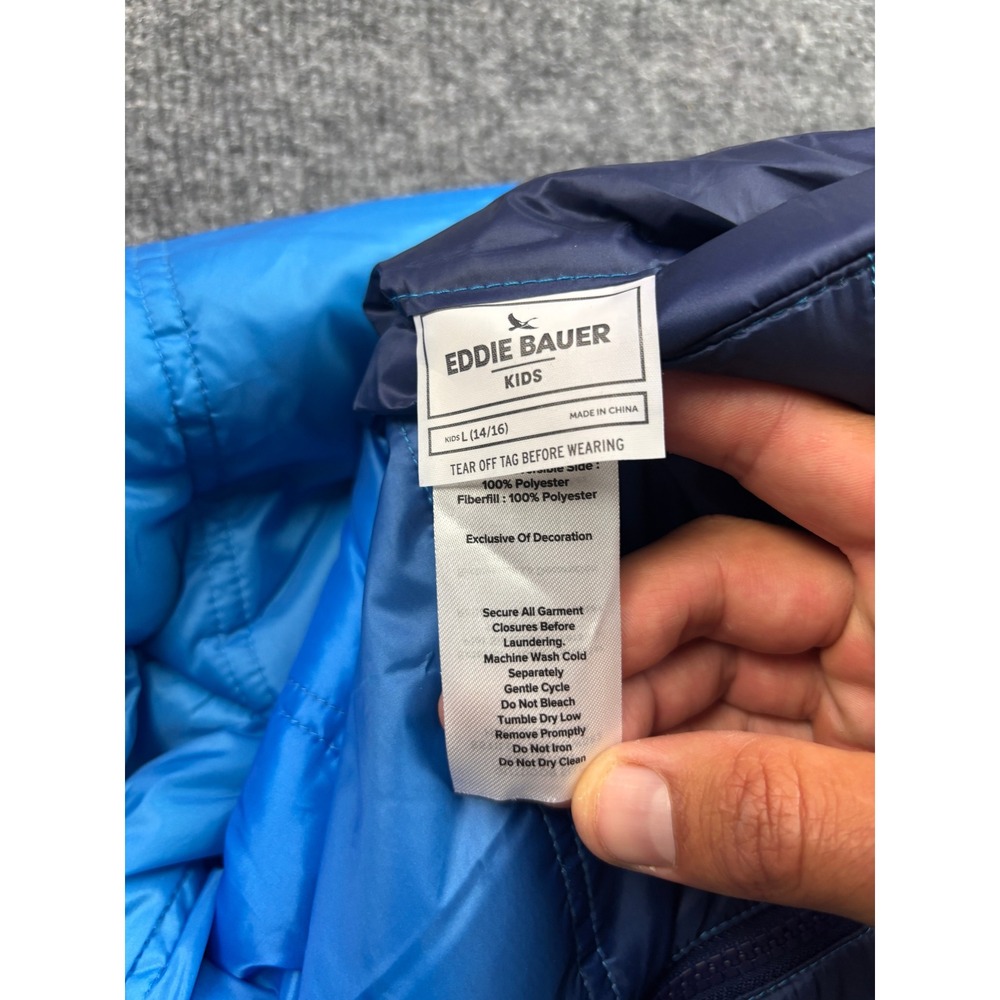 Eddie Bauer Reversible Jacket Kids L 14/16 Blue Sherpa Lined Puffer Hooded NWT - Picture 3 of 4